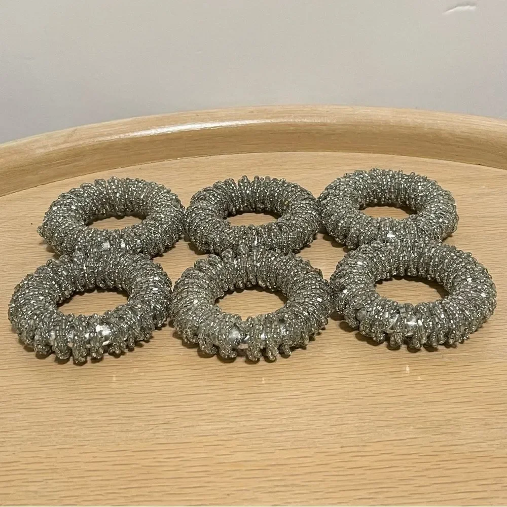 Glass Beaded Sparkly Silver Napkin Rings Holiday Special Occasion Party Set of 6